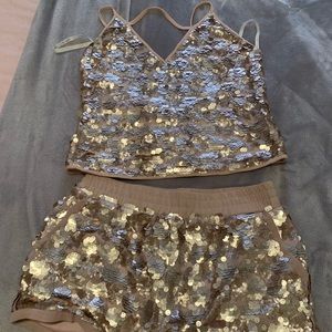 2 piece gold sequin short set.